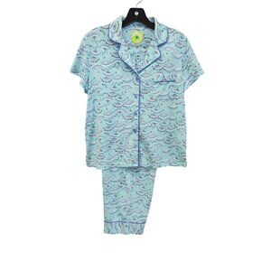 White Orchid Womens S Pajama Set Short Sleeve & Pants Fan Print Blue Cotton Blen